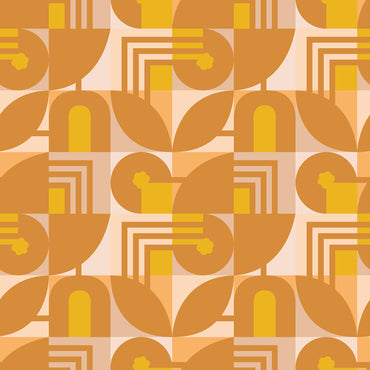 Geometric pattern with orange and yellow shapes on a tan background