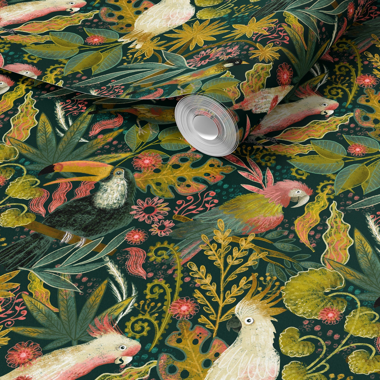 Roll of wallpaper with a colorful tropical pattern featuring birds and foliage.