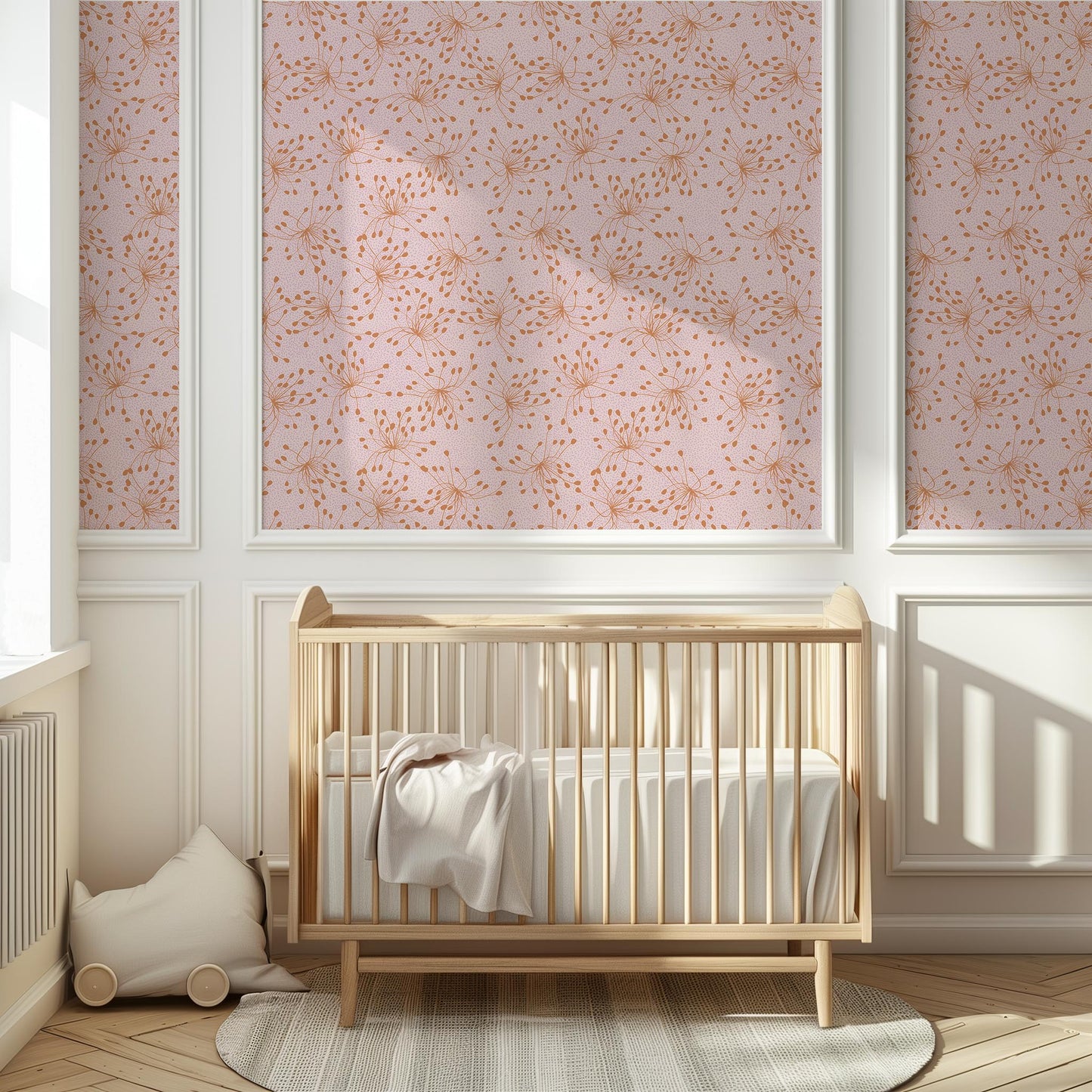 Nursery room with wooden crib and floral wallpaper