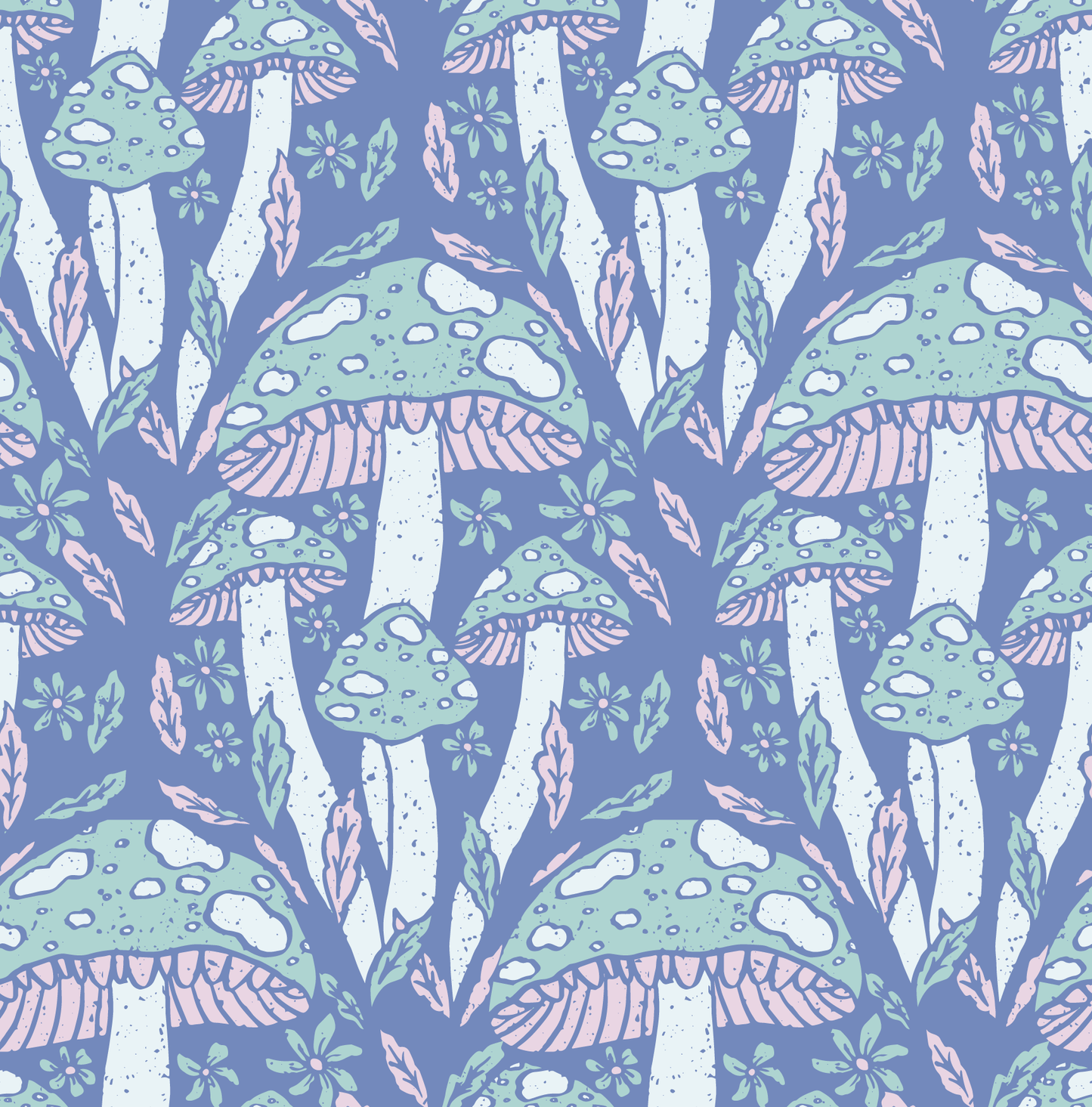 Pattern of green and pink mushrooms on a blue background