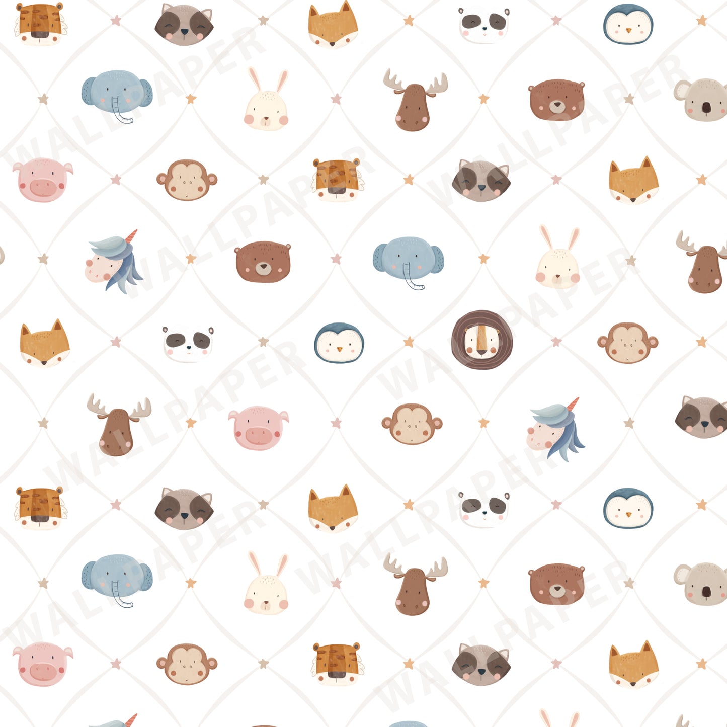 Animal Faces in Diamond Shapes Peel and Stick Wallpaper - Animals, Nursery, Illustration