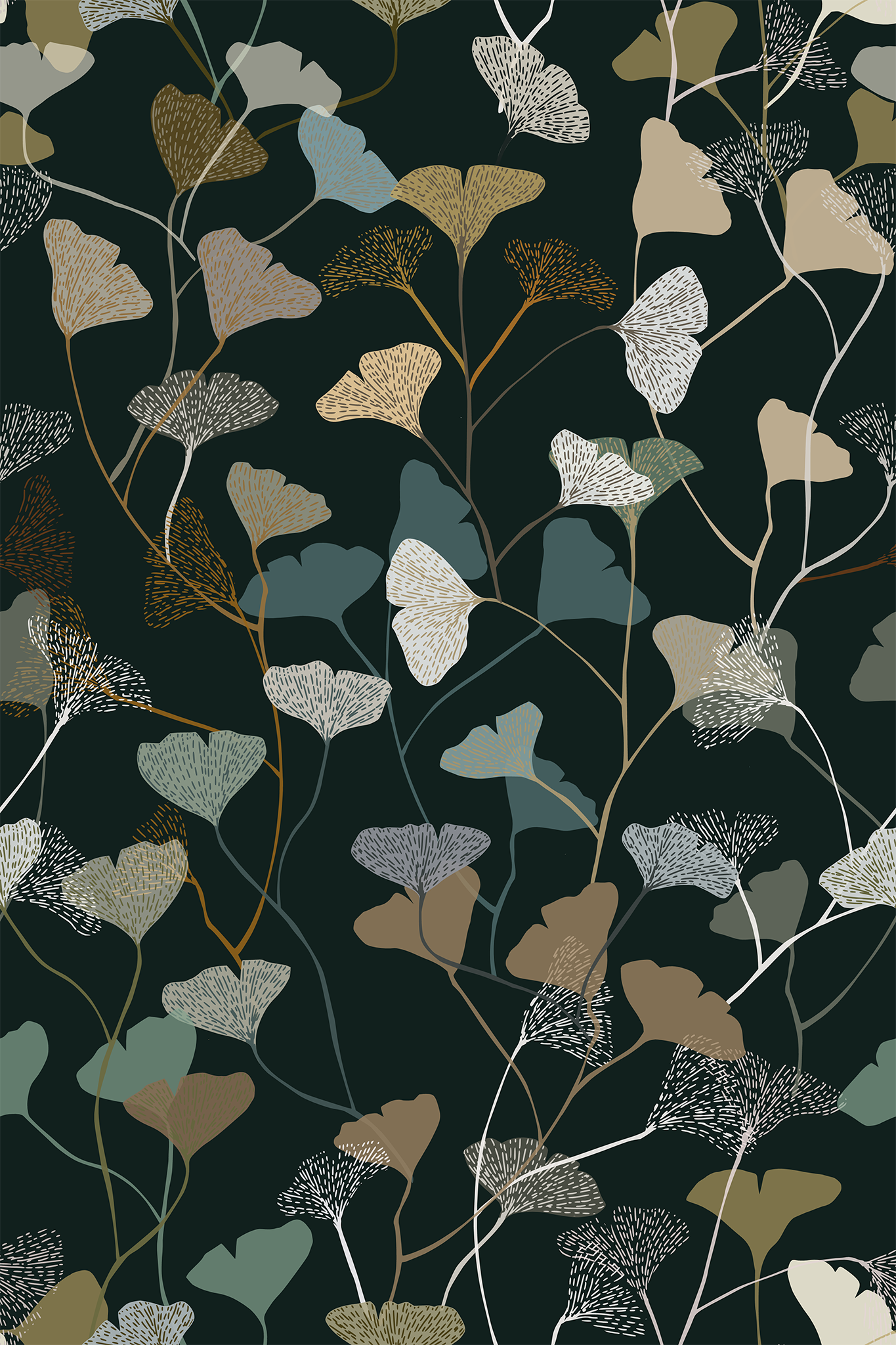 Patterned design with leaves and flowers on a dark background