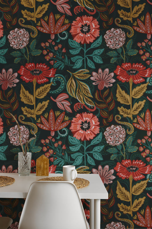 Floral wallpaper with vibrant colors in a room with a table and chairs.