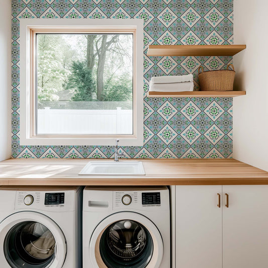 Aqua Tiles in Misty Blue Peel and Stick Wallpaper - Tile, Ornamental