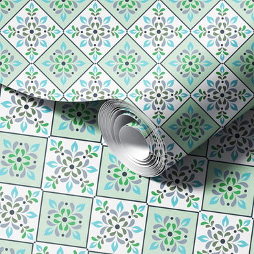 Aqua Tiles in Mint Wave peel and stick wallpaper room mockup