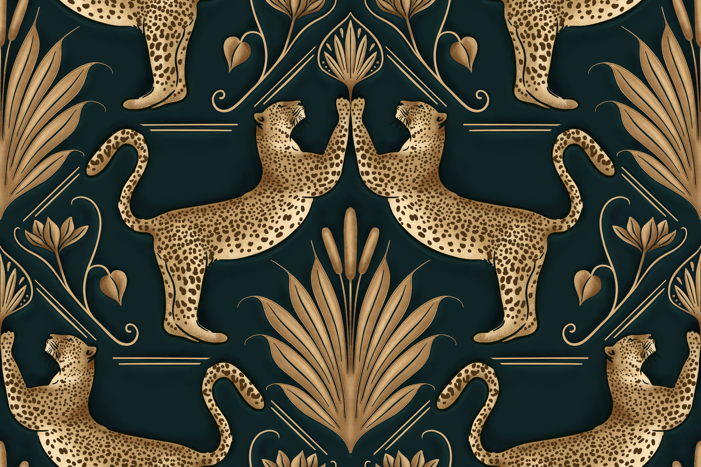 Decorative pattern with leopards and foliage on a dark background
