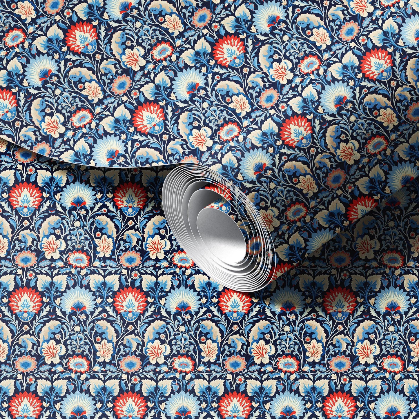 Art Deco Red and Blue Flowers Wallpaper