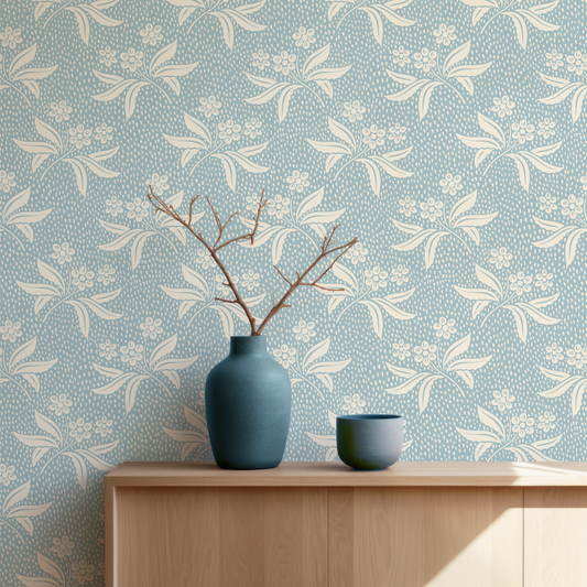 Audrey's Cottage Garden in Blue and Cream Wallpaper