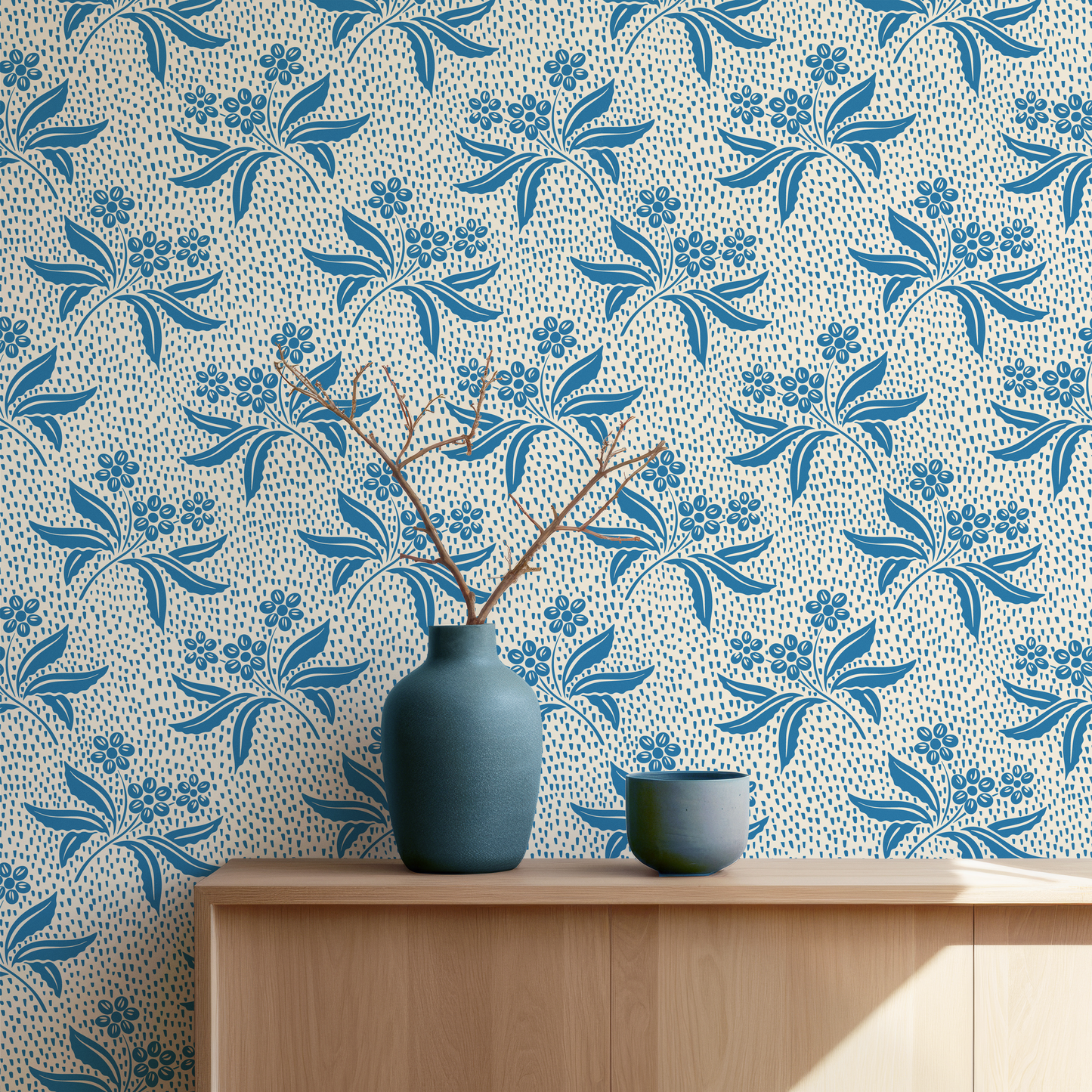 Audrey's Cottage Garden in Delft Blue and Cream Wallpaper