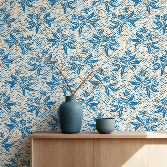 Audrey's Cottage Garden in Delft Blue and Cream Wallpaper