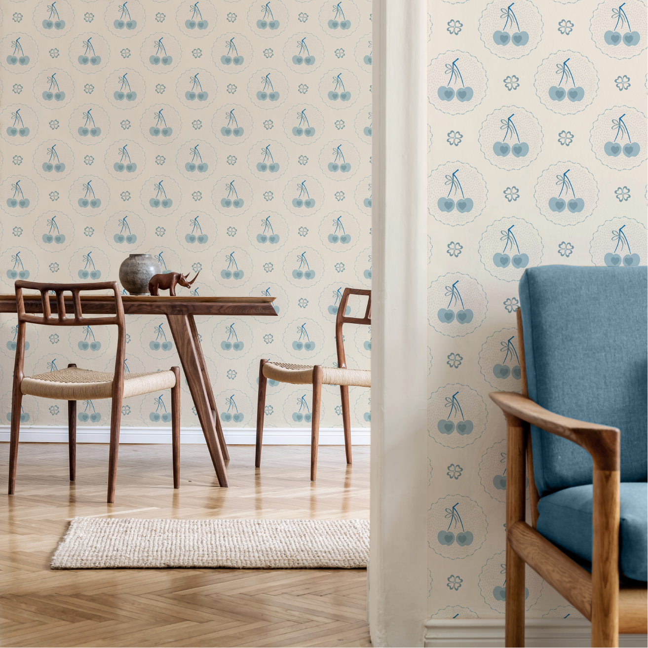 Audrey's Cherry Trees in Light Blue & Cream Wallpaper