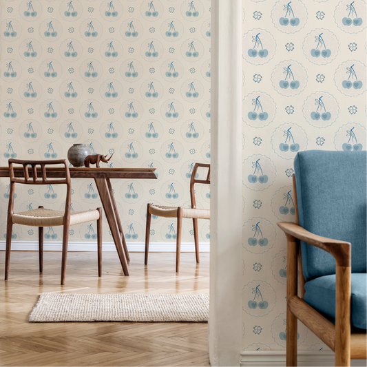 Audrey's Cherry Trees in Light Blue & Cream Wallpaper