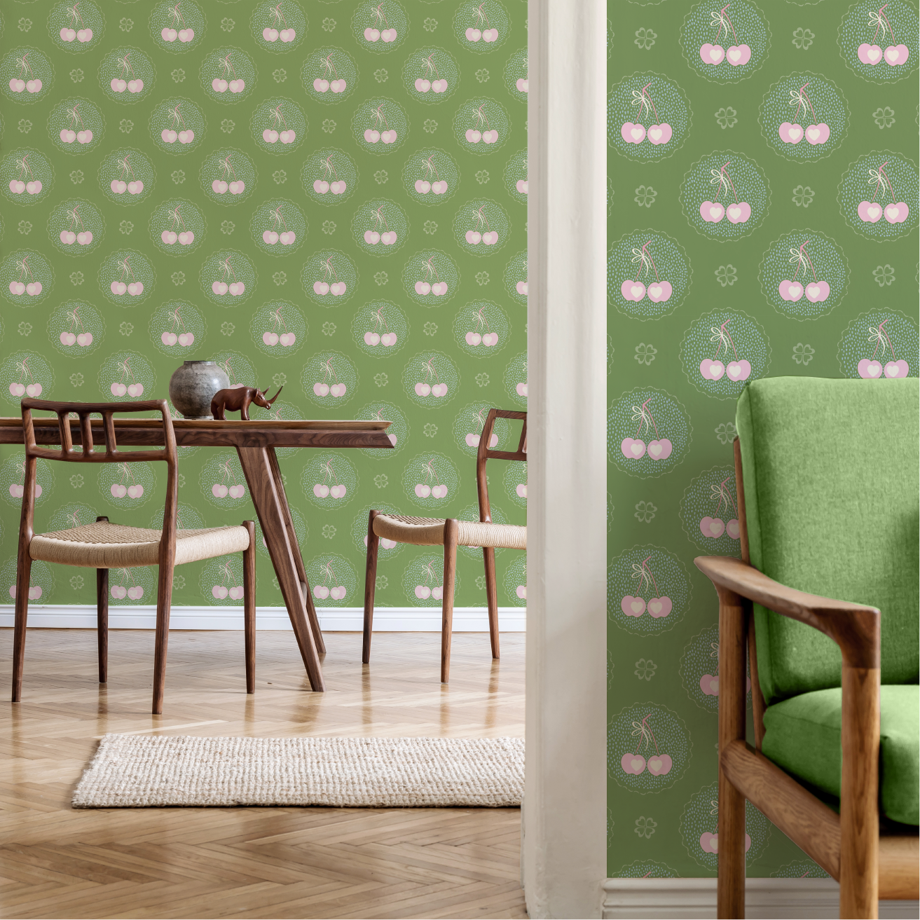 Audrey's Cherry Trees in Green & Pink Wallpaper