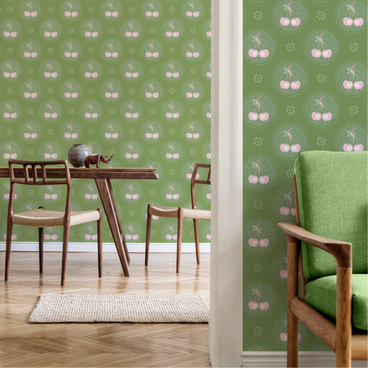 Audrey's Cherry Trees in Green & Pink Wallpaper