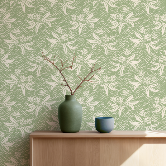 Audrey's Cottage Garden in Light Green and Cream Wallpaper