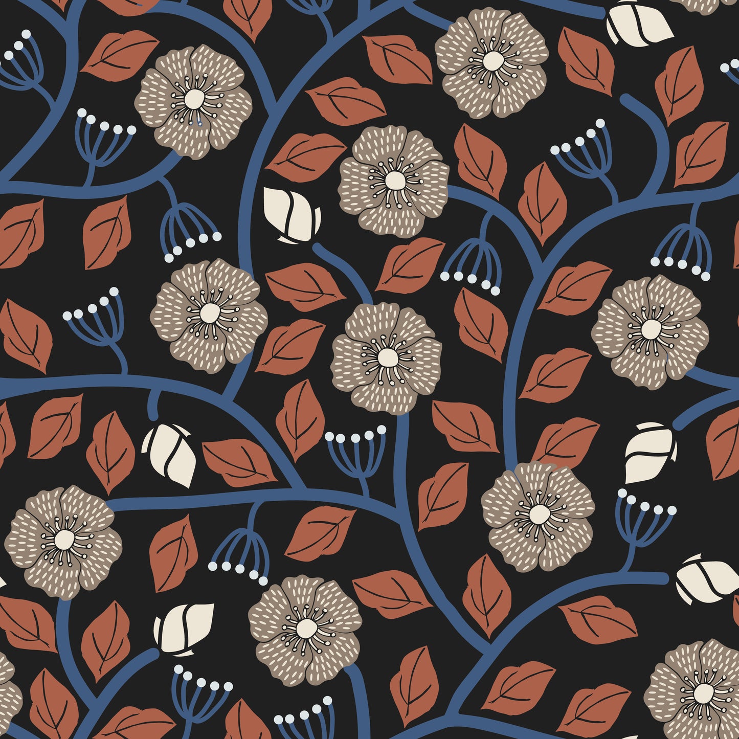 Floral and leaf pattern with red, blue, and beige colors on a black background