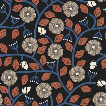 Floral and leaf pattern with red, blue, and beige colors on a black background