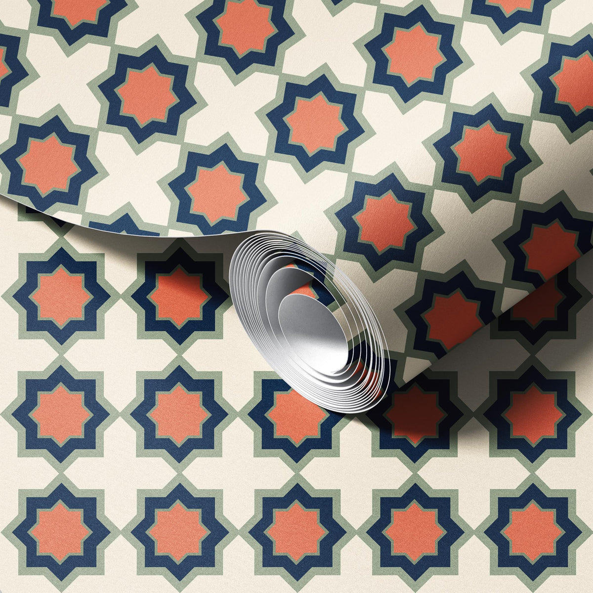 Roll of wallpaper with geometric pattern on a matching background