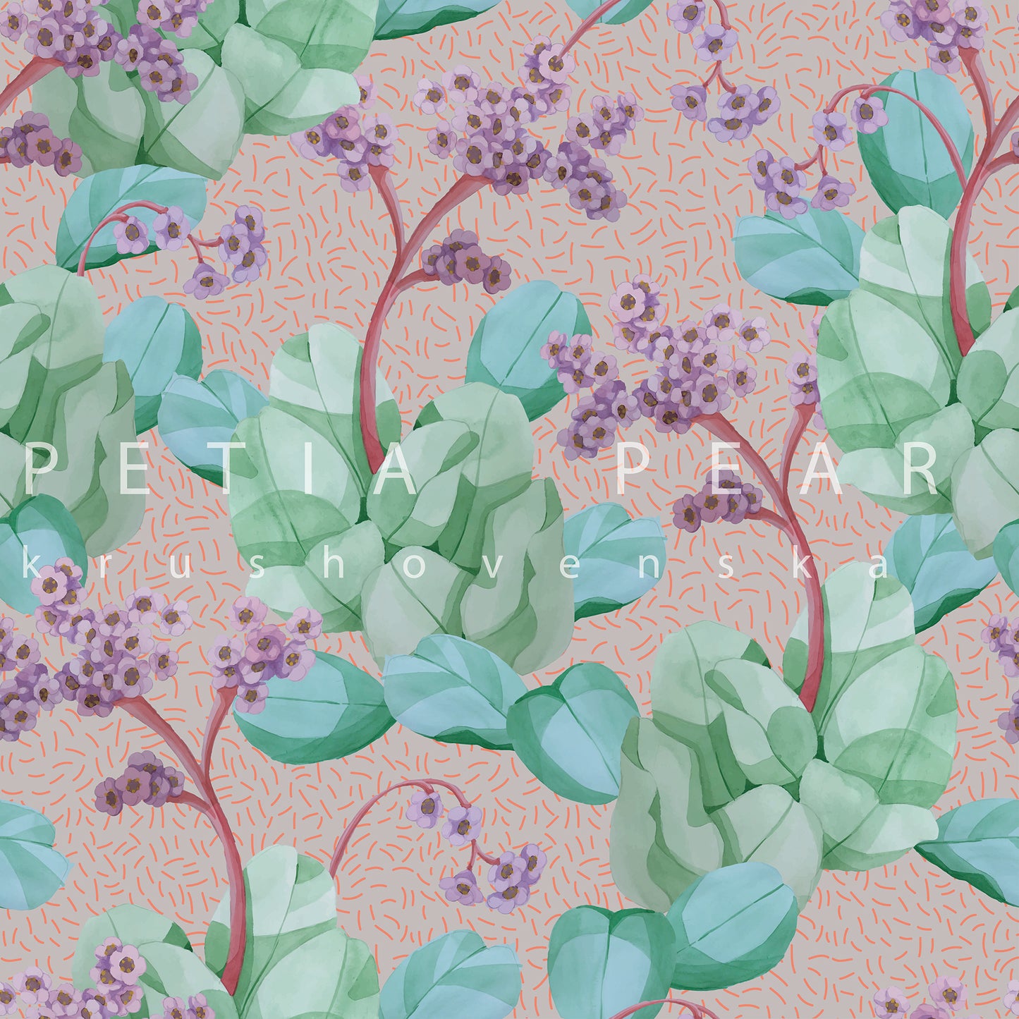 Green leaves and purple flowers with a patterned background
