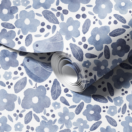 Bird Blossom Grey Gray peel and stick wallpaper room mockup