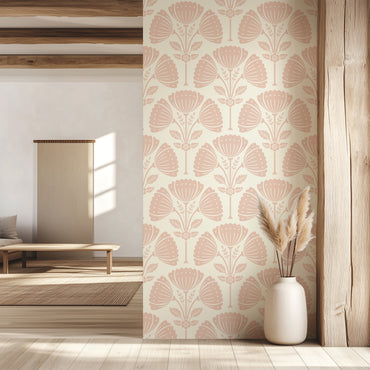 Block Print Bouquet Cream peel and stick wallpaper room mockup