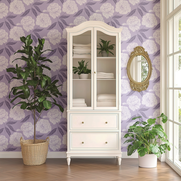 White cabinet with glass doors against a purple floral wallpaper wall.
