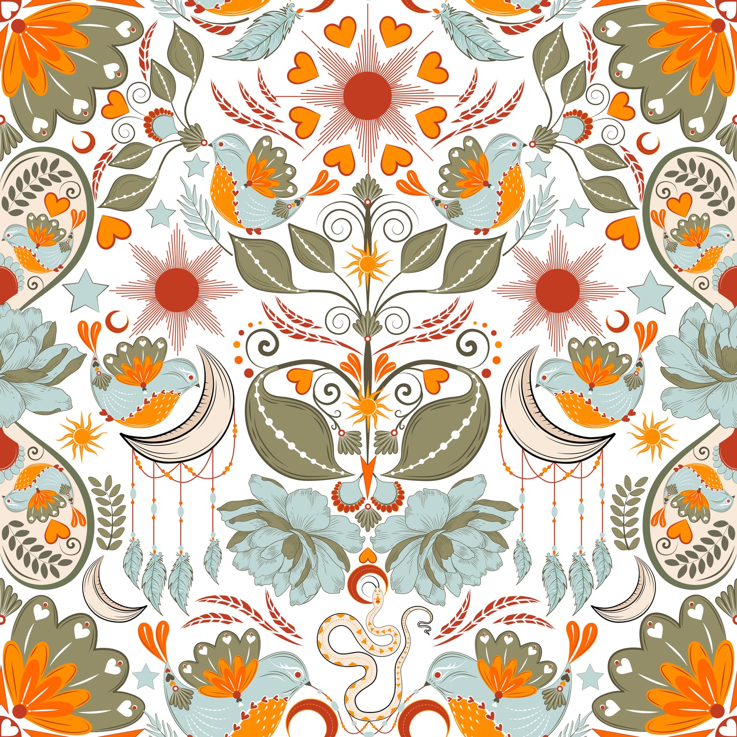 Decorative pattern with birds, flowers, and abstract shapes in orange, green, and blue on a white background.