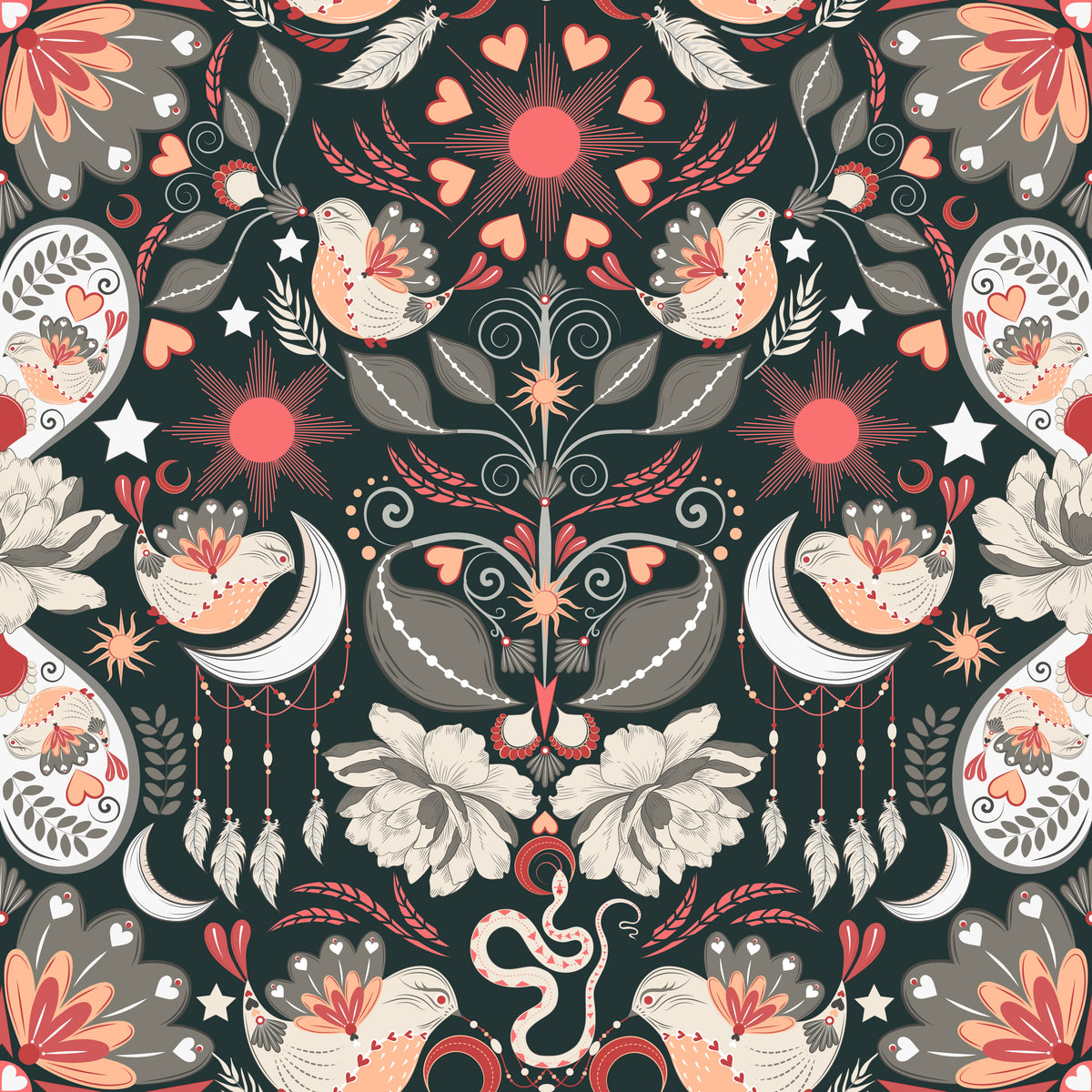 Decorative pattern with birds, flowers, and celestial elements on a dark background