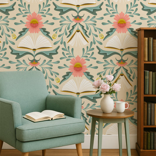 Room interior with a teal armchair, floral wallpaper, and decorative items.