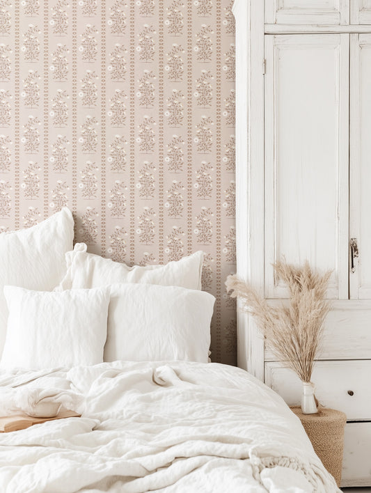 Boteh Paisley Stripe Beige peel and stick wallpaper room mockup