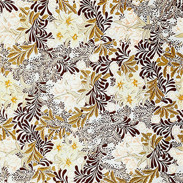 Patterned fabric with brown, gold, and beige leaves on a white background