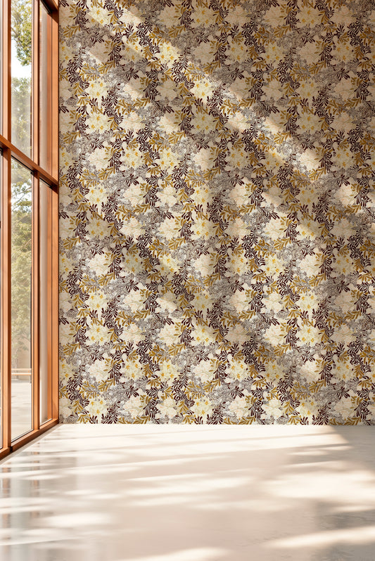 Floral patterned wallpaper in a room with a large window