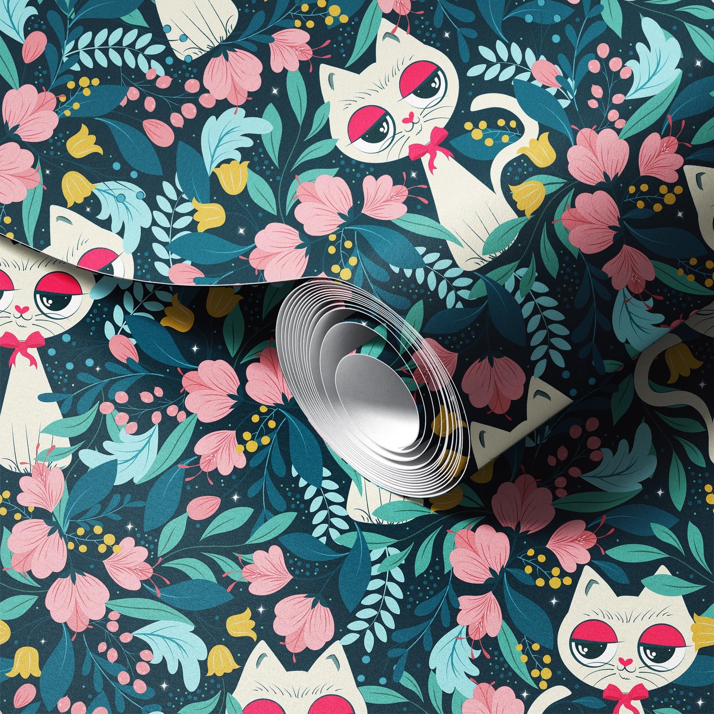 Cat in the Garden peel and stick wallpaper room mockup