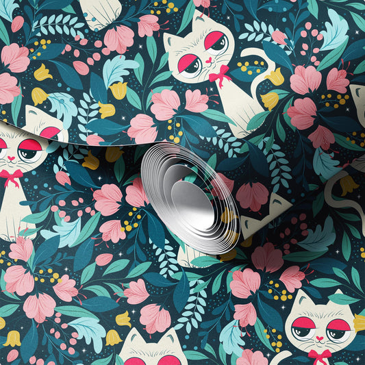 Cat in the Garden peel and stick wallpaper room mockup