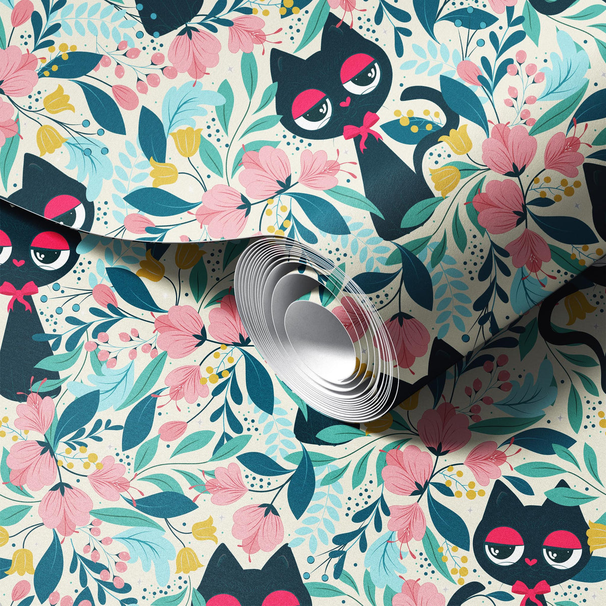 Cat in the Garden peel and stick wallpaper room mockup