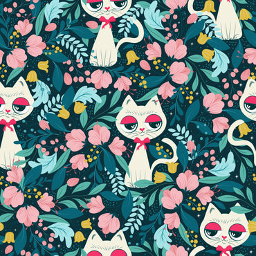 Cat in the Garden Navy peel and stick wallpaper pattern detail