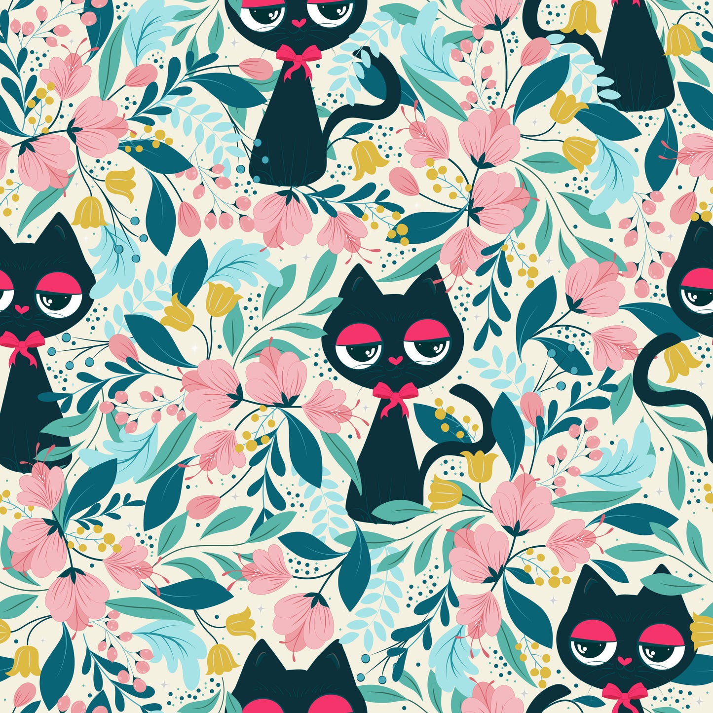 Cat in the Garden Off White peel and stick wallpaper pattern detail