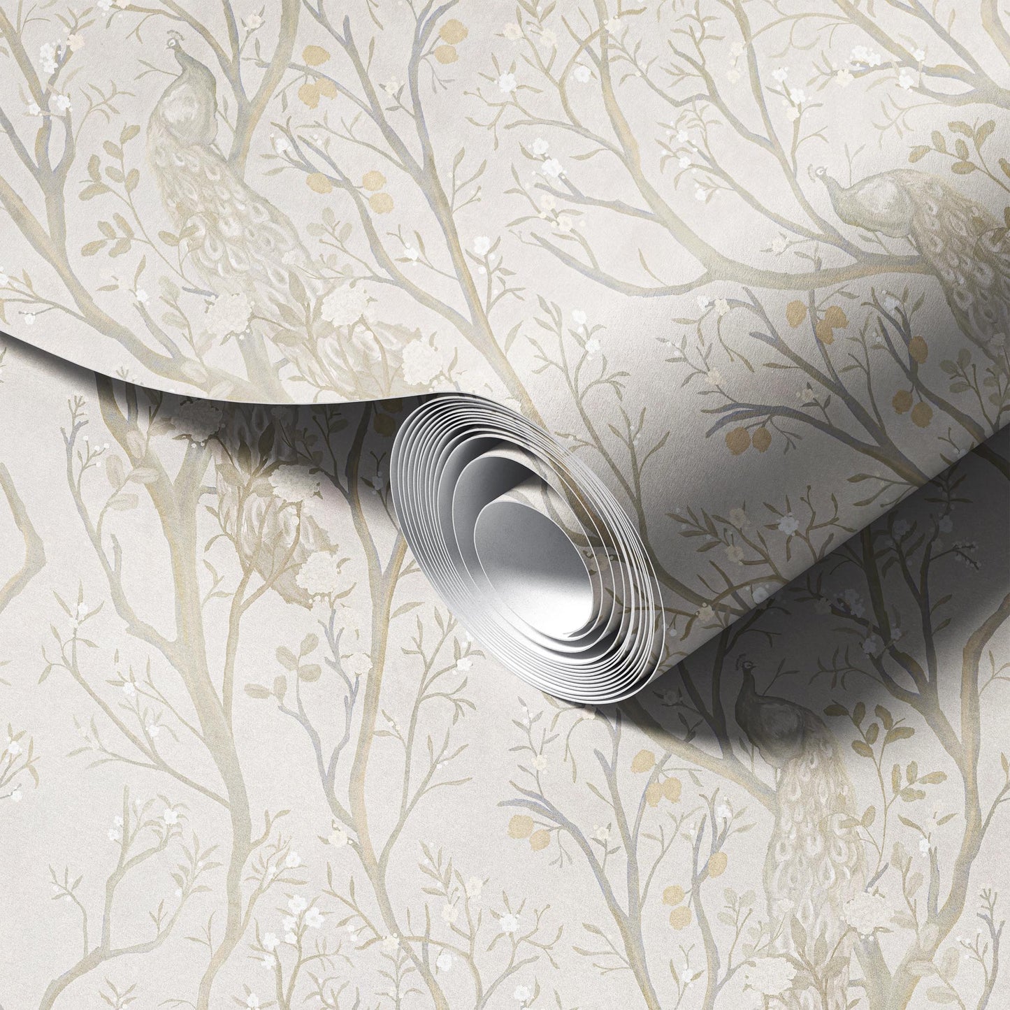 Champagne Peacock peel and stick wallpaper room mockup