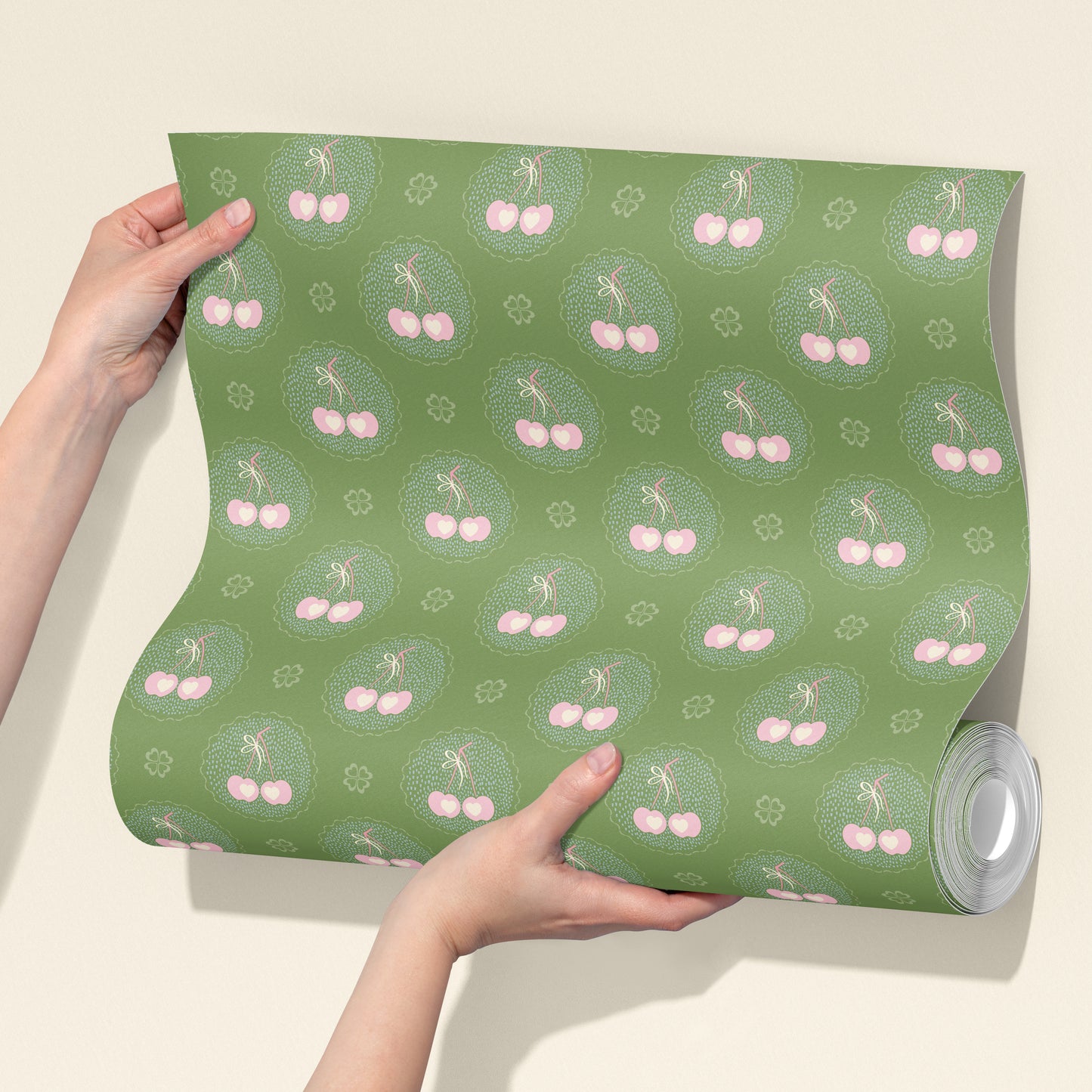 Audrey's Cherry Trees in Green & Pink Wallpaper