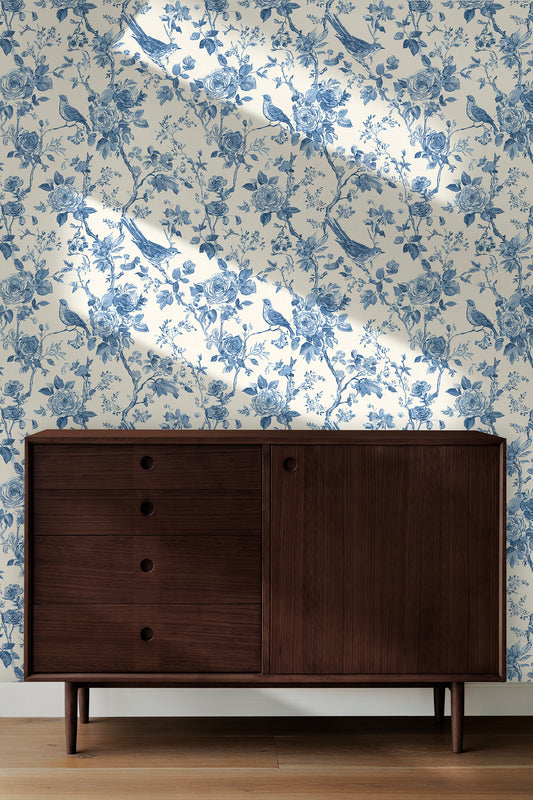 Chinoiserie Rose Garden with Birds Wallpaper Sample | Peel & Stick