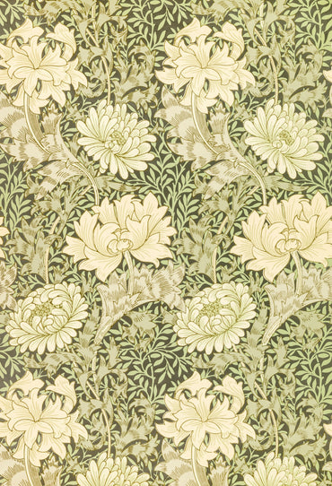 A wallpaper featuring a floral pattern with green and beige colors.