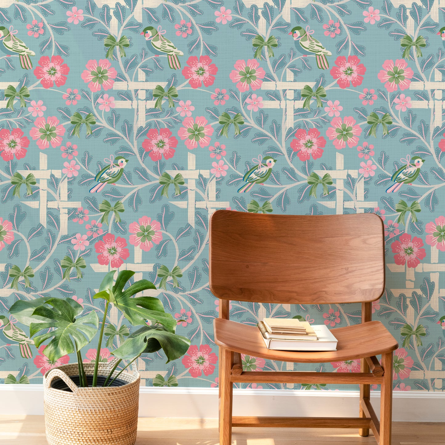 Hidden Birds Blue and Pink Wallpaper