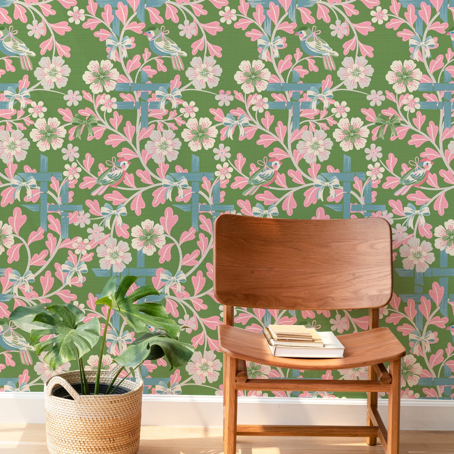 Hidden Birds Pink and Green Wallpaper