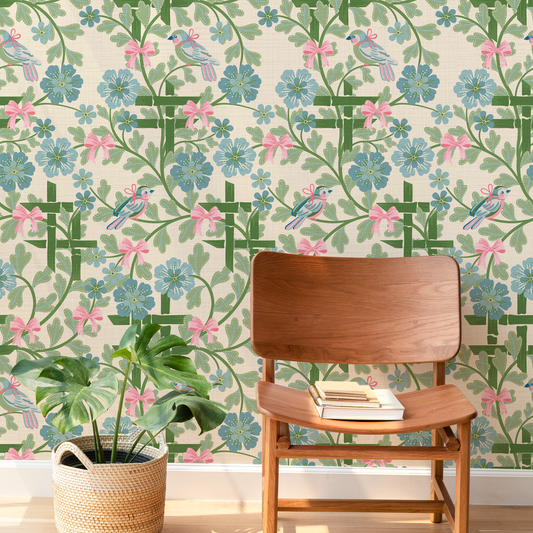 Hidden Birds Green and Cream Wallpaper
