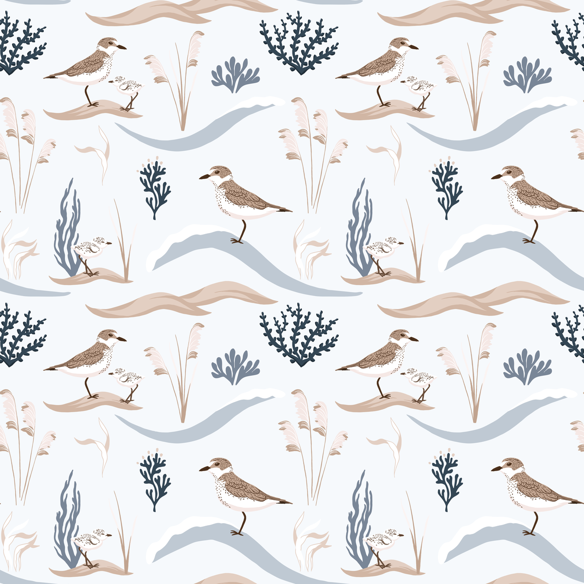 Seaside pattern with birds, plants, and wavy lines on a light blue background