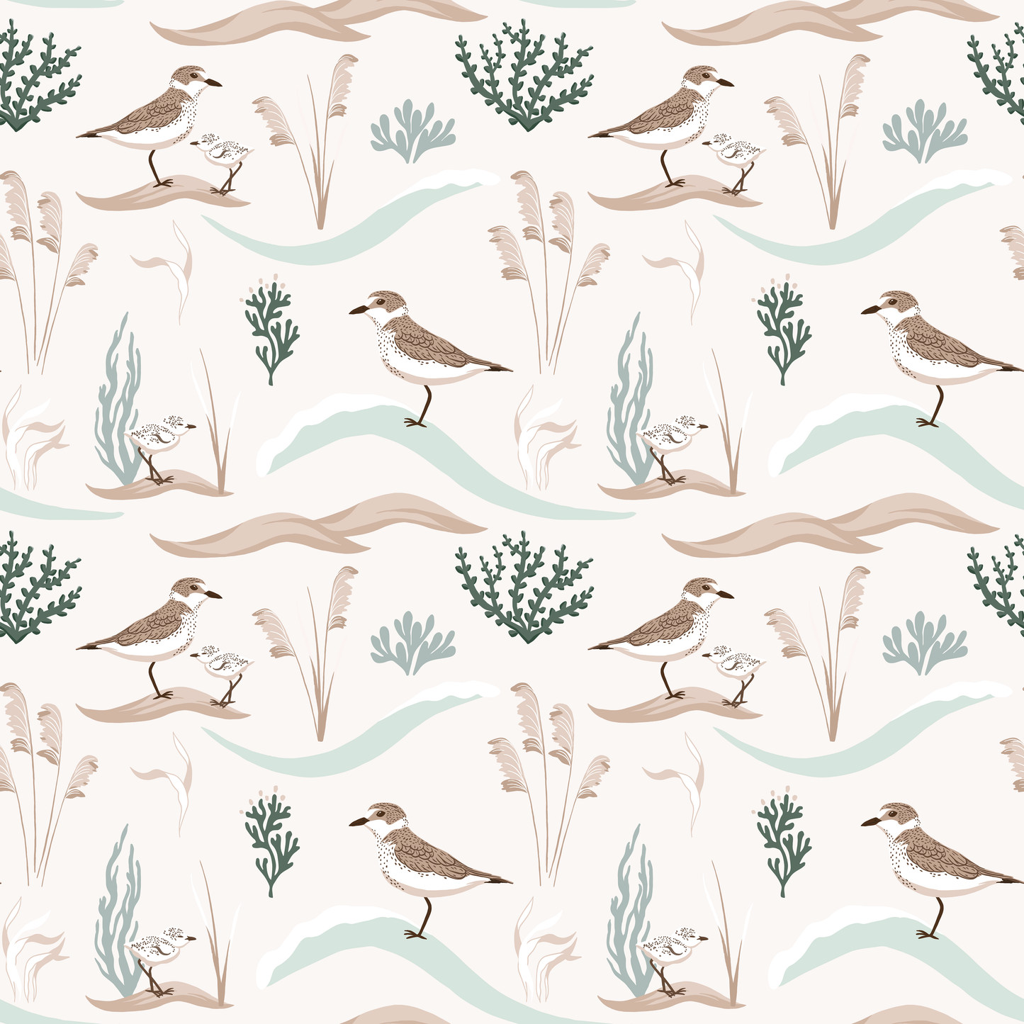 Pattern of birds, plants, and wavy lines on a white background
