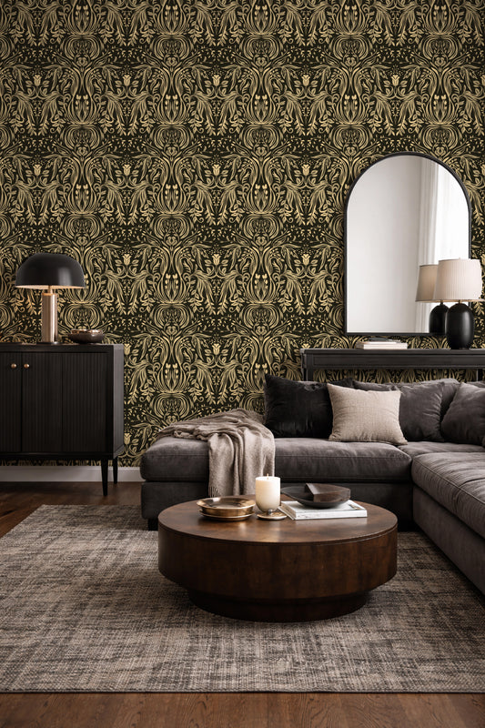 Damask Luxe Black peel and stick wallpaper room mockup