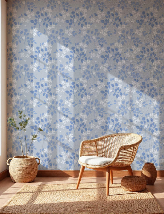 Ditsy Floral Oil Paint Blue peel and stick wallpaper room mockup