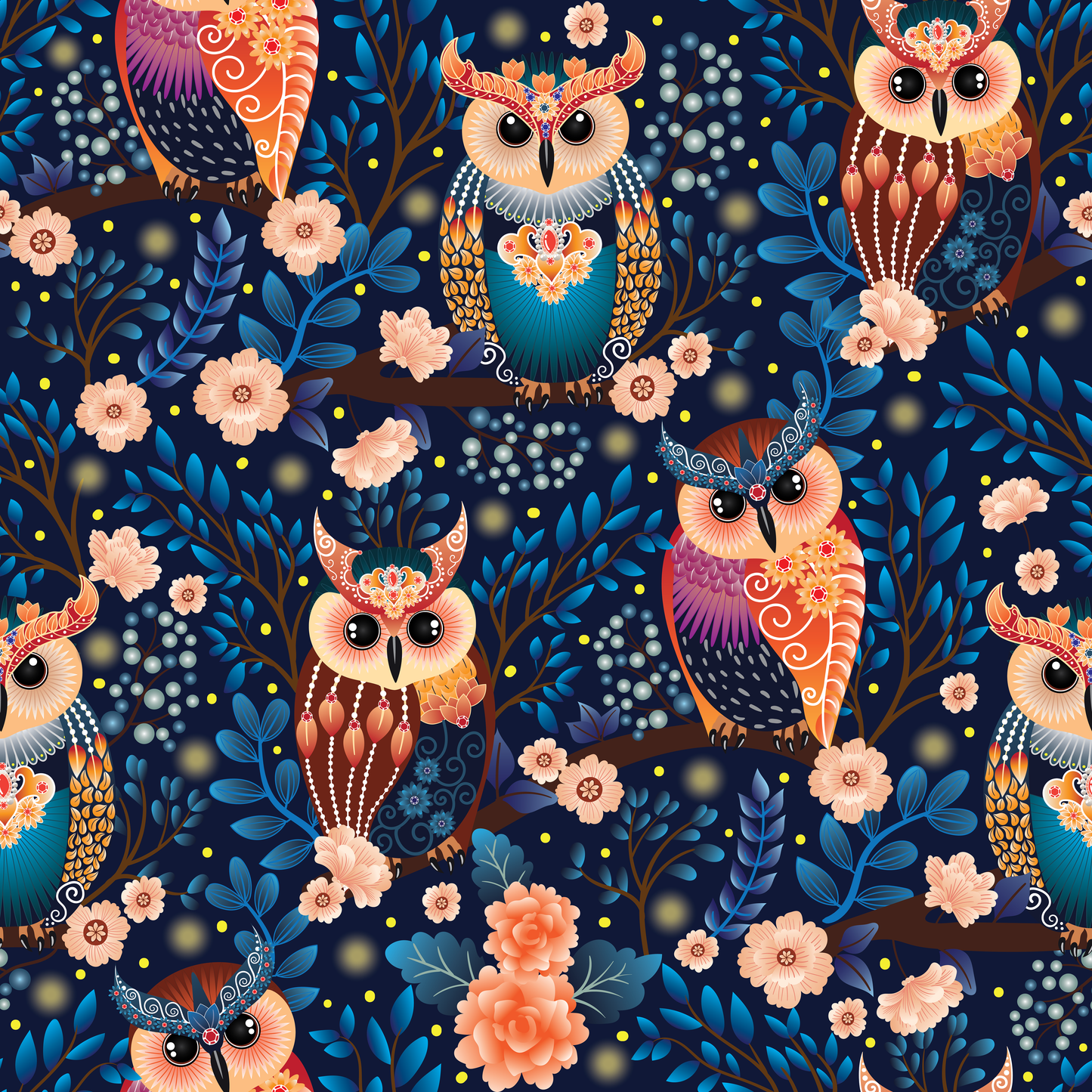 Majestic Owls Whimsical Night Wallpaper.