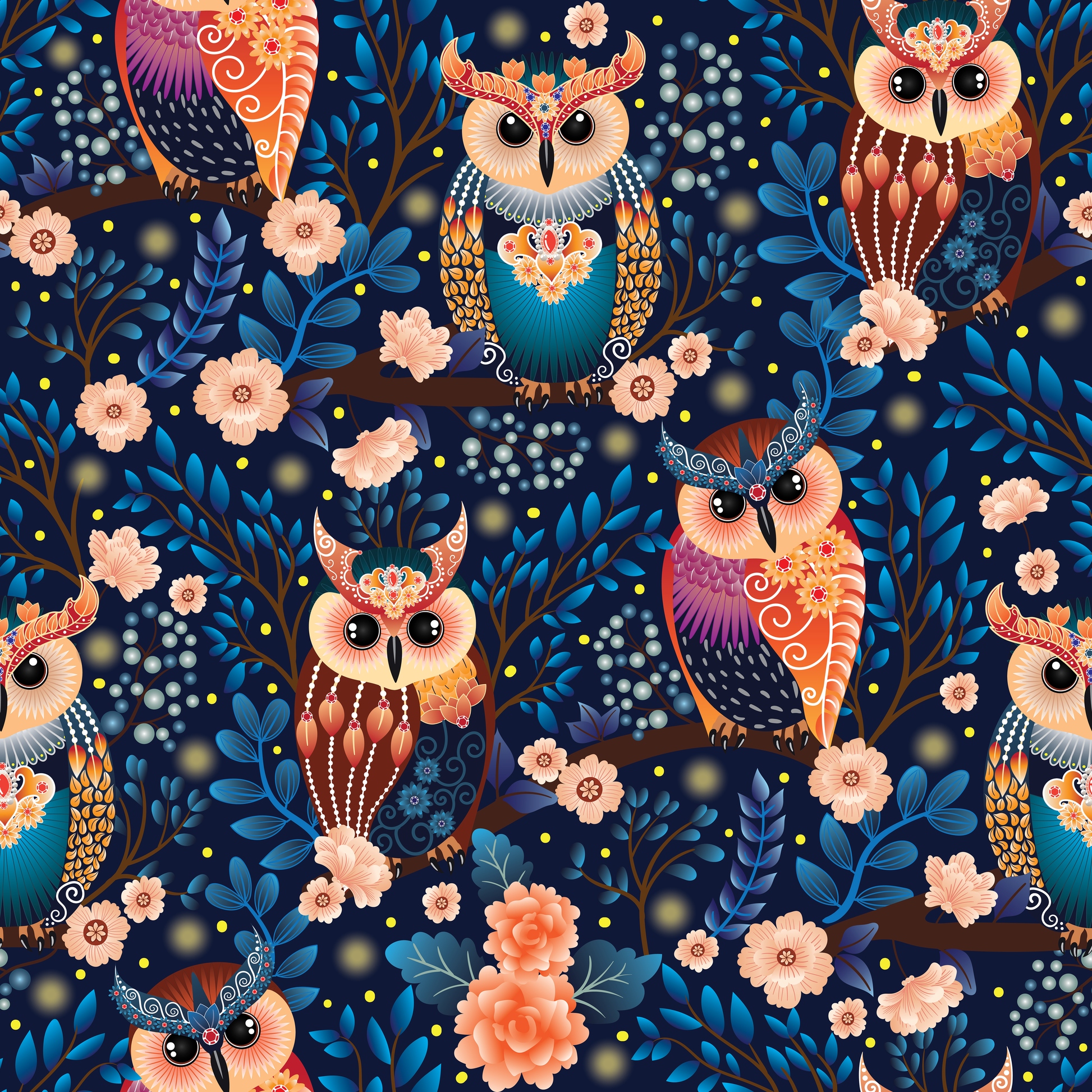 Majestic Owls Whimsical Night Wallpaper.